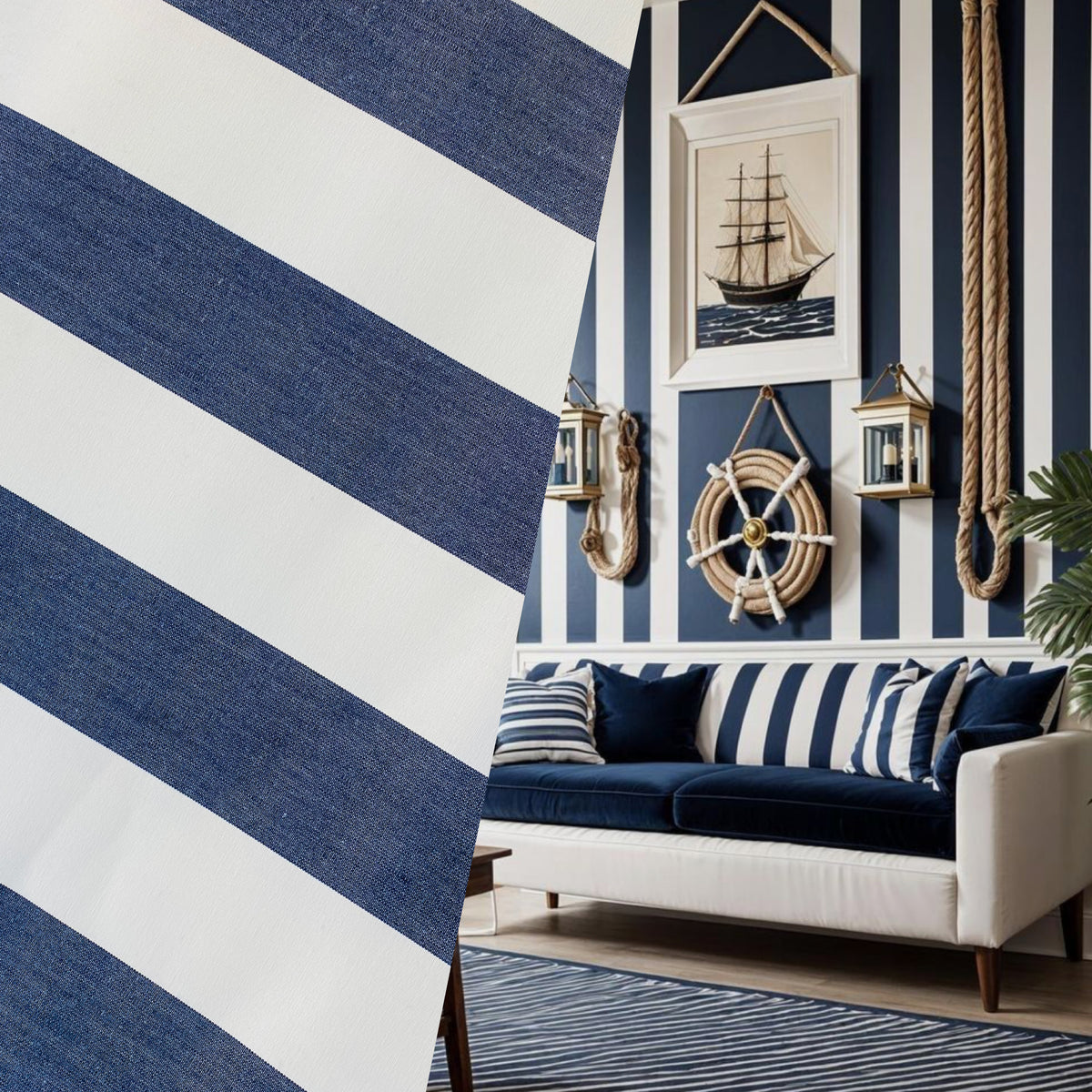 NEW Lady Jacqueline Faded Navy Waterproof Decorating Fabric - 3” Navy And White Stripes - Upholstery 55” Wide - Fancy Styles Fabric Pierre Frey Lee Jofa Brunschwig & Fils