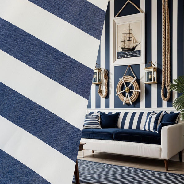 NEW Lady Jacqueline Faded Navy Waterproof Decorating Fabric - 3” Navy And White Stripes - Upholstery 55” Wide - Fancy Styles Fabric Pierre Frey Lee Jofa Brunschwig & Fils