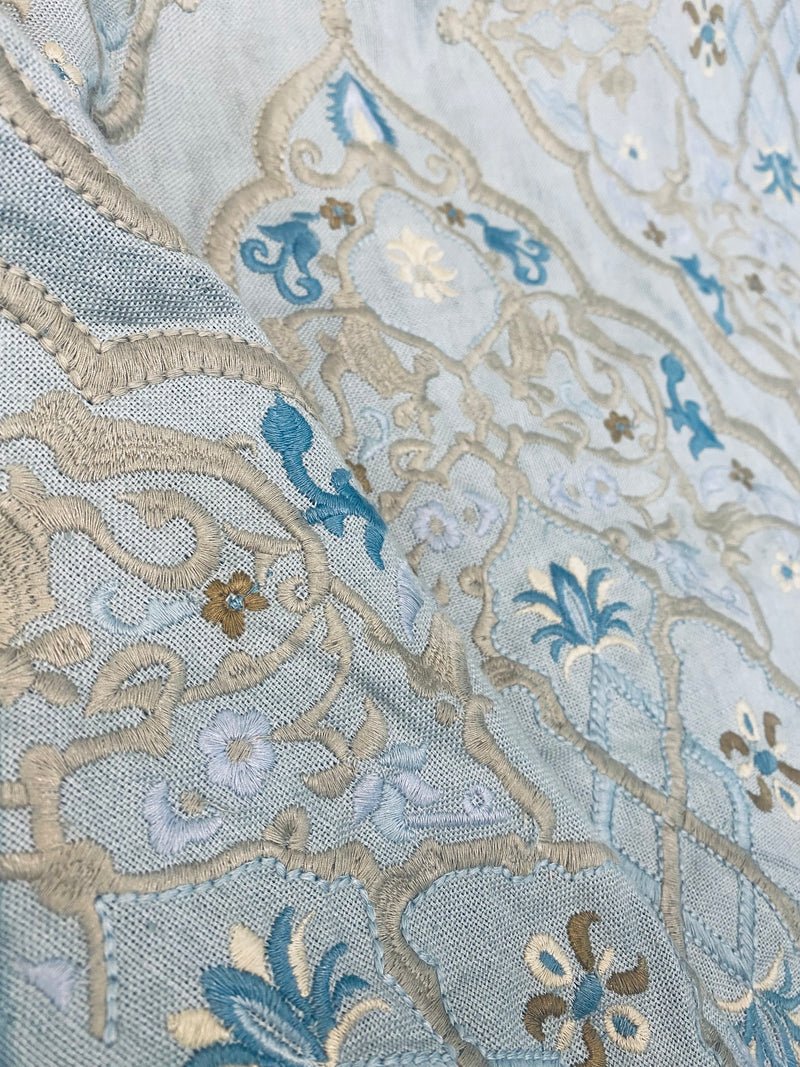 NEW! SALE! Scalamandre 100% Linen Medallion Embroidered Fabric Blue