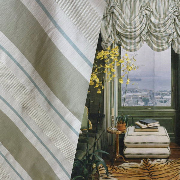 NEW Queen Sherrice 100% Silk Dupioni Ribbon Stripes Fabric - Pistachio Green and Cream with Sea Foam Blue Pinstripe - Fancy Styles Fabric Pierre Frey Lee Jofa Brunschwig & Fils