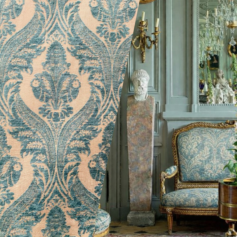 NEW! Princess Pantera- Designer Italian Venetian Burnout Damask Velvet Turquoise Blue Fabric Upholstery - Fancy Styles Fabric Pierre Frey Lee Jofa Brunschwig & Fils