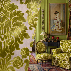 NEW! Princess Perma - LARGE REPEAT- Designer Italian Venetian Burnout Damask Velvet Yellow-Lime Chartreuse Fabric Upholstery - Fancy Styles Fabric Pierre Frey Lee Jofa Brunschwig & Fils