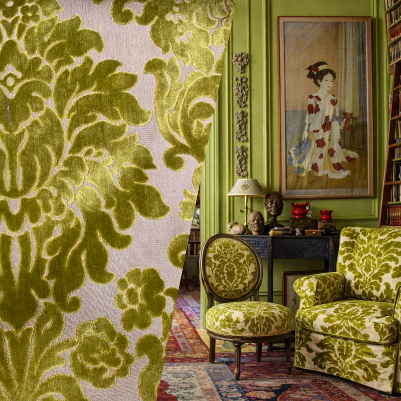 NEW! Princess Perma - LARGE REPEAT- Designer Italian Venetian Burnout Damask Velvet Yellow-Lime Chartreuse Fabric Upholstery - Fancy Styles Fabric Pierre Frey Lee Jofa Brunschwig & Fils