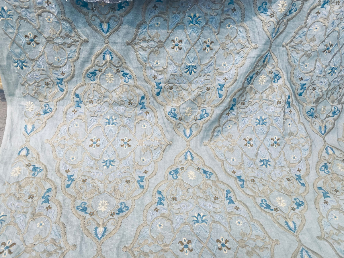 NEW! SALE! Scalamandre 100% Linen Medallion Embroidered Fabric Blue - Fancy Styles Fabric Pierre Frey Lee Jofa Brunschwig & Fils