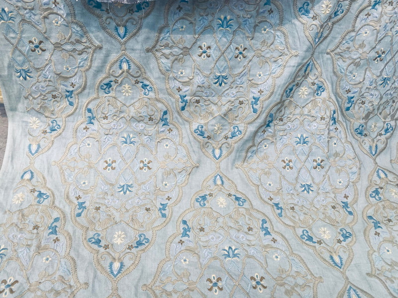 NEW! SALE! Scalamandre 100% Linen Medallion Embroidered Fabric Blue