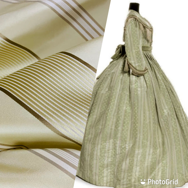 Lady Gretta 100% Silk Taffeta Ribbon Stripes Fabric - Pistachio Green and Gold - Fancy Styles Fabric Pierre Frey Lee Jofa Brunschwig & Fils