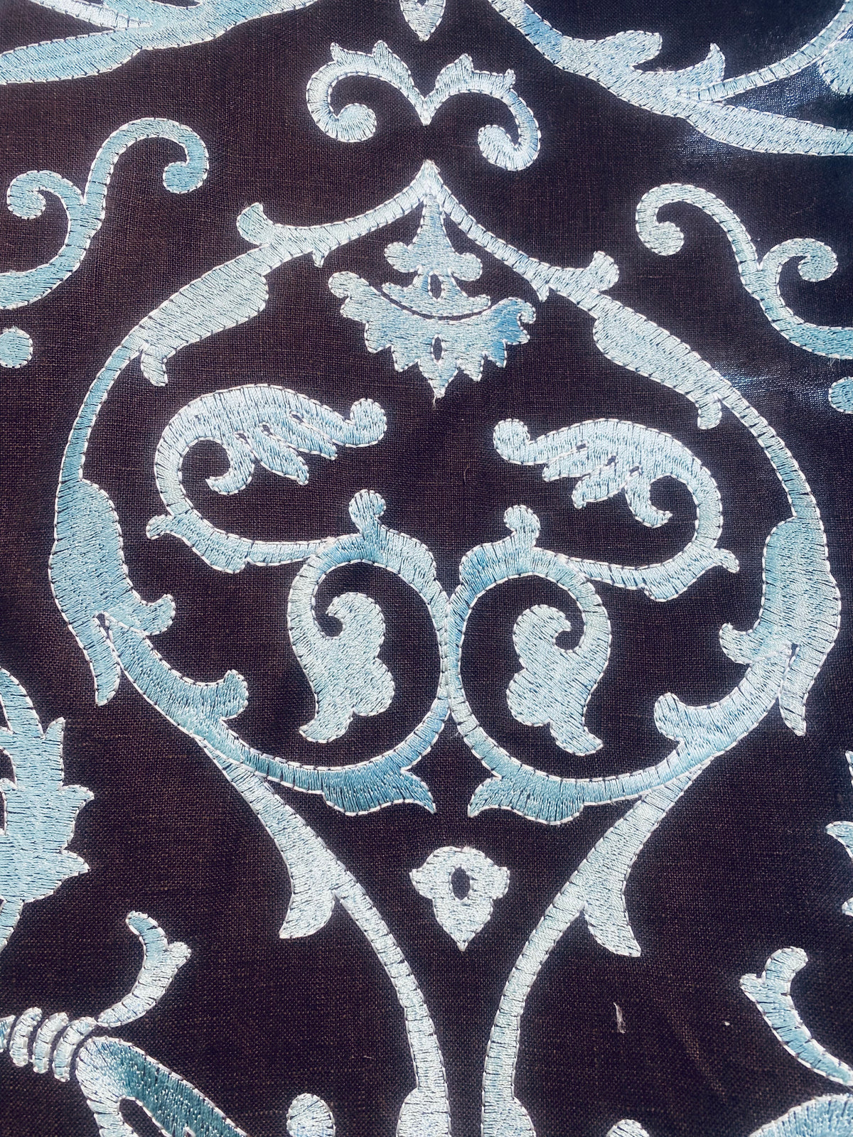 NEW! Duchess Dahlia Novelty Belgium Imported 100% Linen Embroidered Medallion Fabric Chocolate Brown and Light Blue - Fancy Styles Fabric Pierre Frey Lee Jofa Brunschwig & Fils