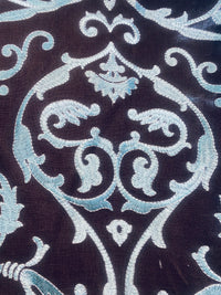 NEW! Duchess Dahlia Novelty Belgium Imported 100% Linen Embroidered Medallion Fabric Chocolate Brown and Light Blue - Fancy Styles Fabric Pierre Frey Lee Jofa Brunschwig & Fils