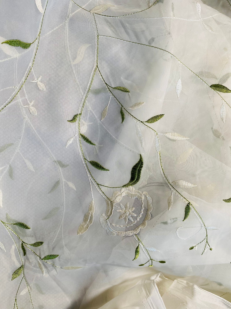 App Sale: Lady Janetta Poly Silk Organza with Embroidered Floral Motif - White and Green