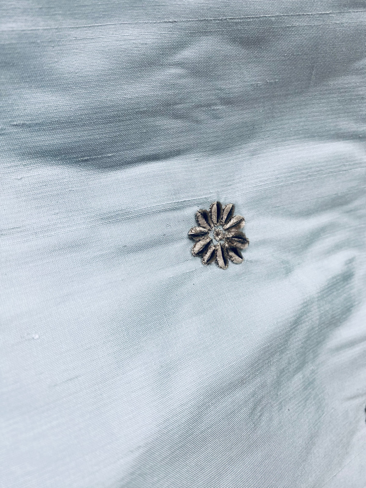 NEW! SALE! Lady Margaret 100% Silk Dupioni Taffeta Fabric- Velvet Grey Embroidery Floral -Light Blue - Fancy Styles Fabric Pierre Frey Lee Jofa Brunschwig & Fils