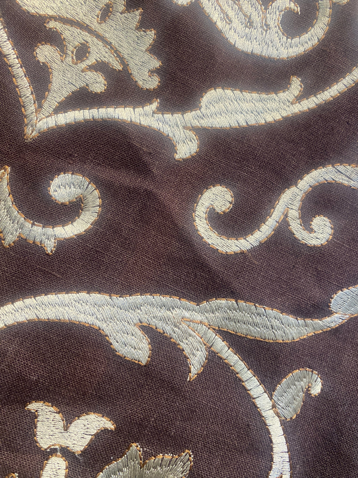 NEW! Duchess Dahlia Novelty Belgium Imported 100% Linen Embroidered Medallion Fabric Chocolate Brown and Ecru - Fancy Styles Fabric Pierre Frey Lee Jofa Brunschwig & Fils