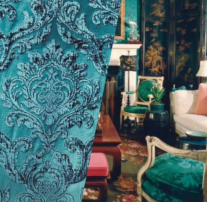 NEW Queen Isabella Designer Medallion Burnout Chenille Velvet Fabric Teal