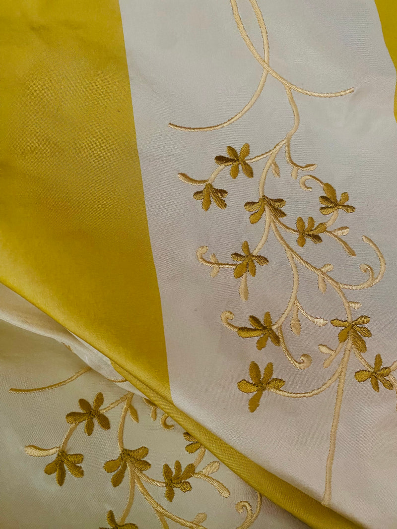 NEW! Princess Pilar 100% Silk Taffeta Novelty Drapery Fabric Floral Embroidery Yellow White Stripe