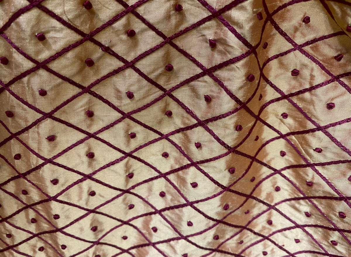 NEW Duchess Dorta 100% Silk Dupioni Embroidered Diamond Dot Motif Cream White and Burgundy Red - Fancy Styles Fabric Pierre Frey Lee Jofa Brunschwig & Fils