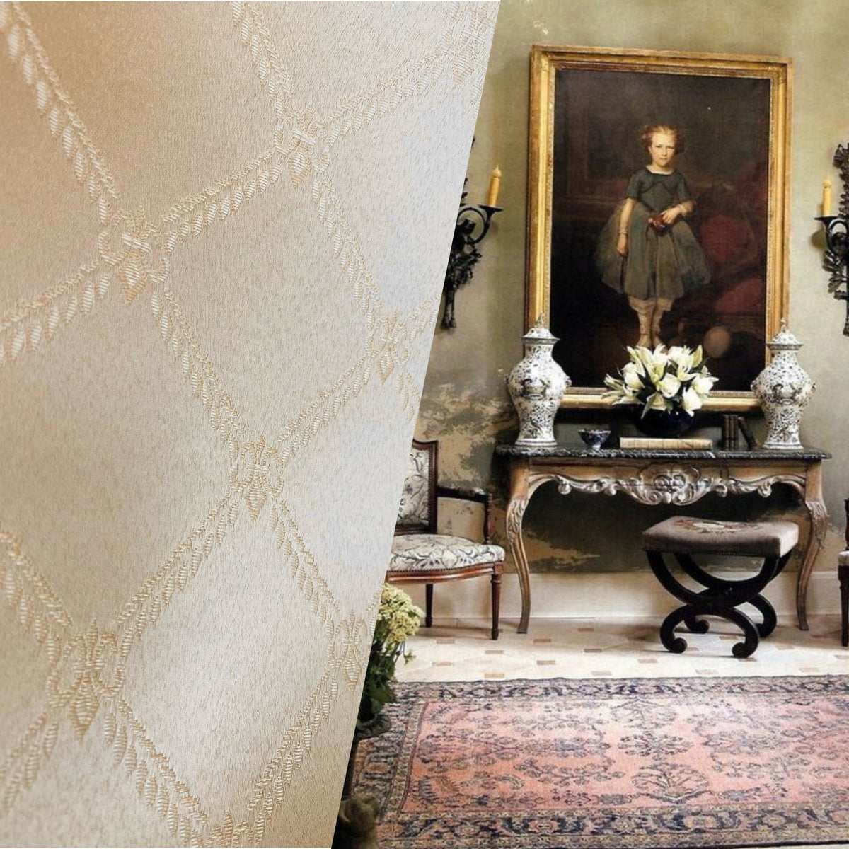 NEW Sir Davidoff Satin Diamond Fleur De Lis Drapery Upholstery Fabric - Gold - Fancy Styles Fabric Pierre Frey Lee Jofa Brunschwig & Fils