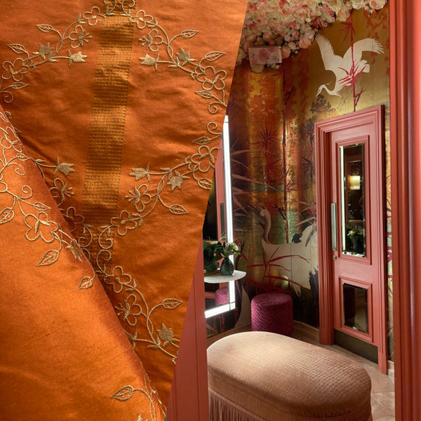 NEW Queen Katjia Novelty Floral Embroidered 100% Silk Fabric in Rust Burnt Orange - Fancy Styles Fabric Pierre Frey Lee Jofa Brunschwig & Fils