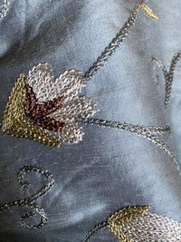 NEW Princess Primrose 100% Silk Dupioni Fabric With Crewel Floral Embroidery- Blue - Fancy Styles Fabric Pierre Frey Lee Jofa Brunschwig & Fils