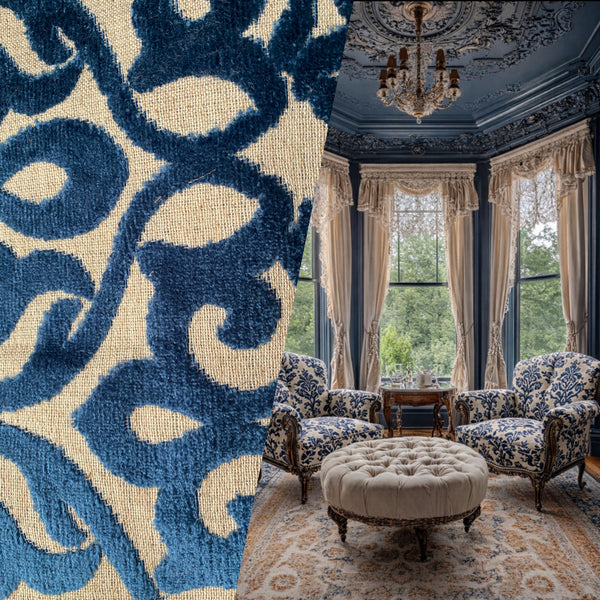 Sir Salvador Novelty Burnout Medallion Floral Velvet Fabric - Blue- Upholstery - Fancy Styles Fabric Pierre Frey Lee Jofa Brunschwig & Fils