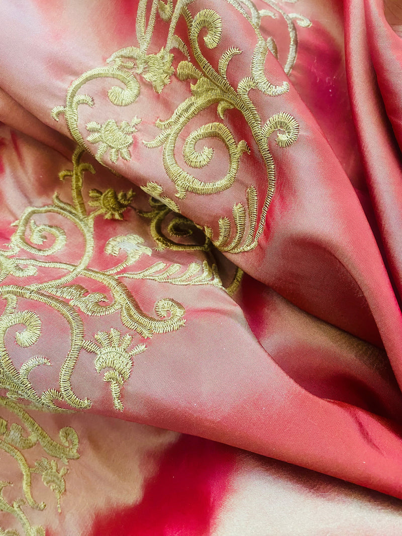App Sale: Lady Linda Red with Gold Iridescence “Faux Silk”Embroidered Fabric