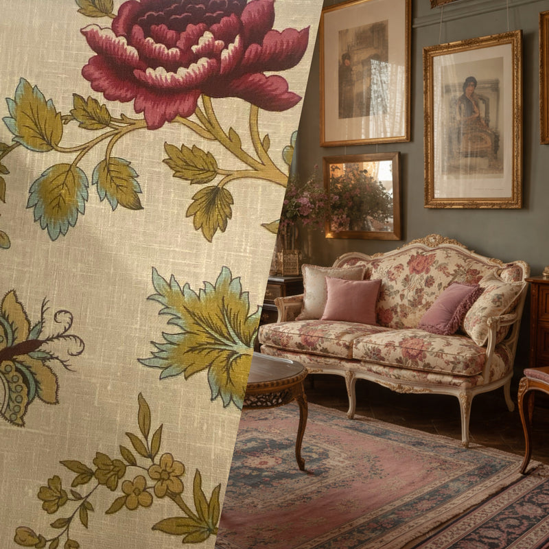 NEW! Princess Merta Novelty 100% Linen Fabric Floral - Burgundy, Gold and Natural - Fancy Styles Fabric Pierre Frey Lee Jofa Brunschwig & Fils