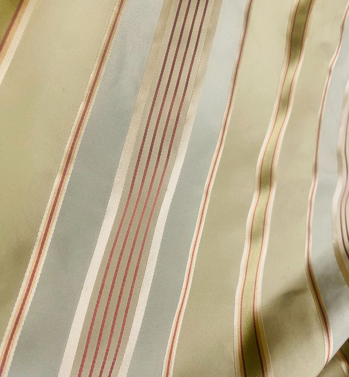 Queen Shante 100% Silk Taffeta Ribbon Stripes Fabric - Pistachio Green, Blue-Grey and Gold with Red Pinstripes - Fancy Styles Fabric Pierre Frey Lee Jofa Brunschwig & Fils