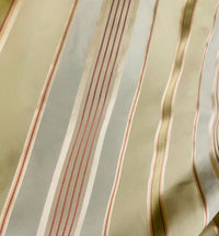 Queen Shante 100% Silk Taffeta Ribbon Stripes Fabric - Pistachio Green, Blue-Grey and Gold with Red Pinstripes - Fancy Styles Fabric Pierre Frey Lee Jofa Brunschwig & Fils