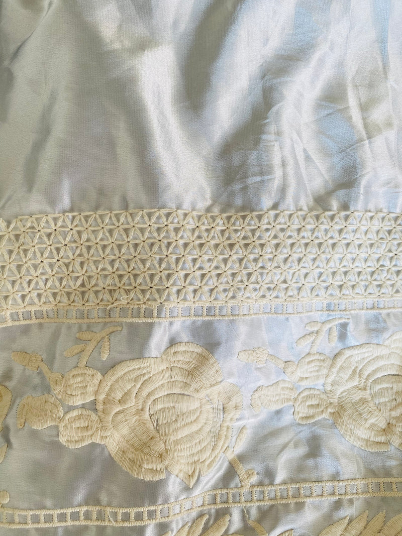 App Sale: Duchess Damara Satin Embroidered Scalloped Edge Floral Fabric - White & Cream