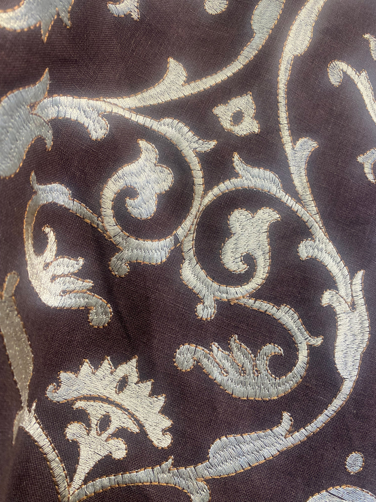 NEW! Duchess Dahlia Novelty Belgium Imported 100% Linen Embroidered Medallion Fabric Chocolate Brown and Ecru - Fancy Styles Fabric Pierre Frey Lee Jofa Brunschwig & Fils