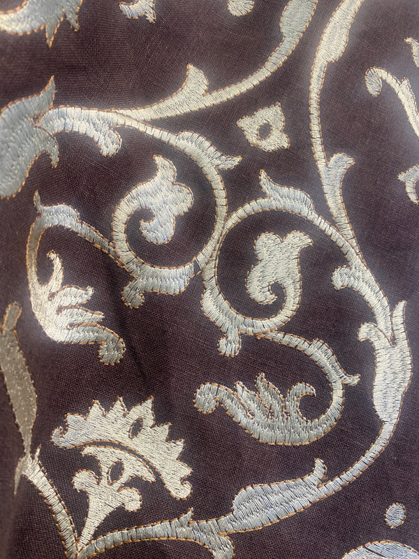 NEW! Duchess Dahlia Novelty Belgium Imported 100% Linen Embroidered Medallion Fabric Chocolate Brown and Ecru - Fancy Styles Fabric Pierre Frey Lee Jofa Brunschwig & Fils