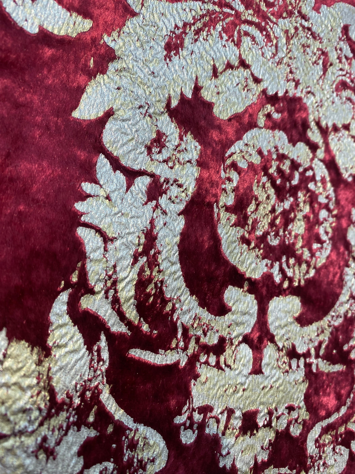 NEW COLOR! Queen Renee Burnout Antique Inspired Velvet Fabric Burgundy & Gold - Fancy Styles Fabric Pierre Frey Lee Jofa Brunschwig & Fils