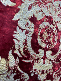 NEW COLOR! Queen Renee Burnout Antique Inspired Velvet Fabric Burgundy & Gold - Fancy Styles Fabric Pierre Frey Lee Jofa Brunschwig & Fils