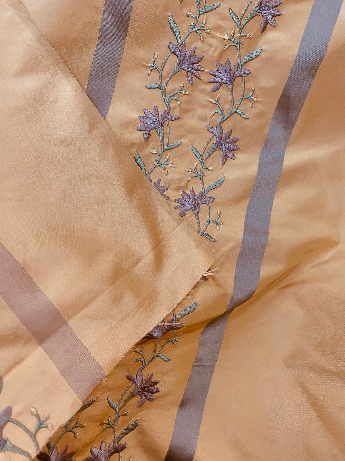 NEW Duchess Adele Designer 100% Silk Taffeta Ribbon Stripe Embroidered Floral Fabric in Peach and Lavender - Fancy Styles Fabric Pierre Frey Lee Jofa Brunschwig & Fils