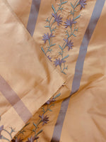 NEW Duchess Adele Designer 100% Silk Taffeta Ribbon Stripe Embroidered Floral Fabric in Peach and Lavender