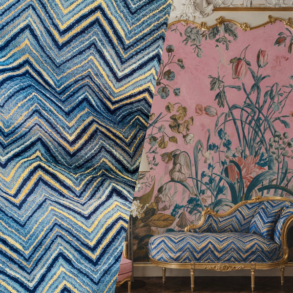 NEW! King Marko Luxury Heavyweight Upholstery Velvet Chenille Geometric Fabric - Blue - BTY - Fancy Styles Fabric Pierre Frey Lee Jofa Brunschwig & Fils