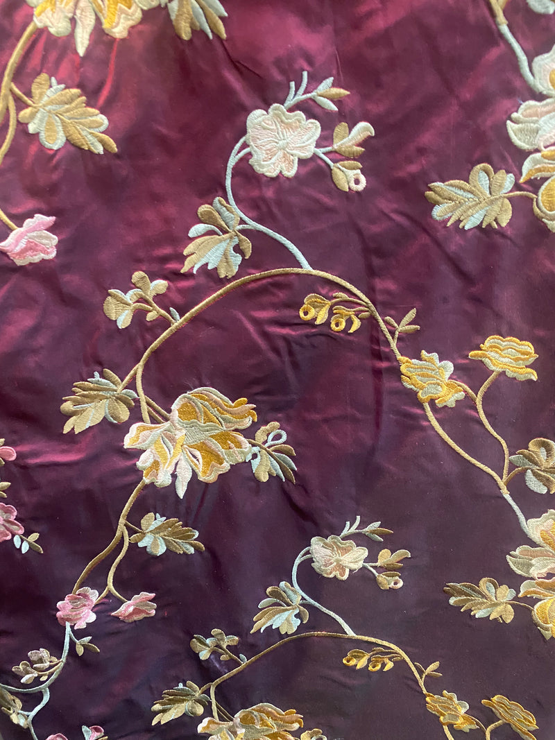NEW Princess Carey 100% Silk Taffeta Embroidered Floral Fabric - Dark Red