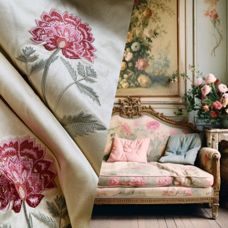 NEW! Queen Slamia 100% Silk Taffeta Novelty Embroidered Drapery Fabric in Floral- Cream