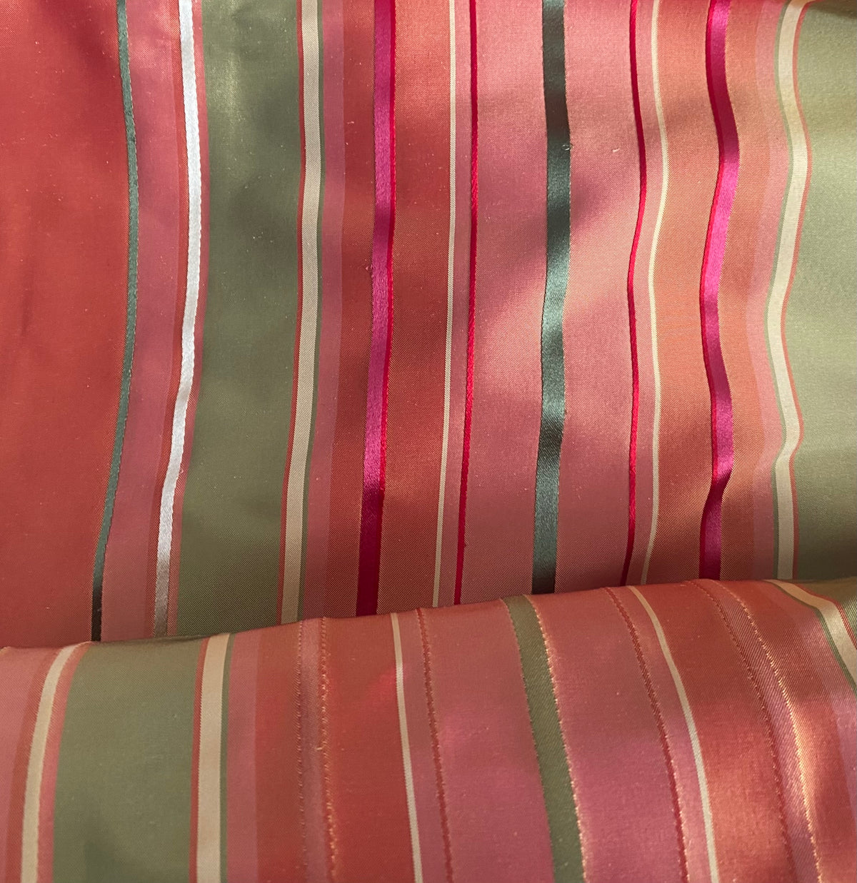 NEW Duchess Thalia 100% Silk Taffeta Ribbon Stripes Fabric - Salmon Pink & Green - Fancy Styles Fabric Pierre Frey Lee Jofa Brunschwig & Fils