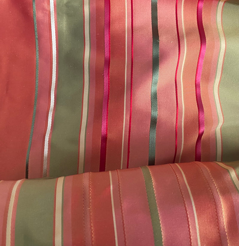 NEW Duchess Thalia 100% Silk Taffeta Ribbon Stripes Fabric - Salmon Pink & Green - Fancy Styles Fabric Pierre Frey Lee Jofa Brunschwig & Fils