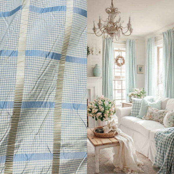 NEW Miss Jaqueline Designer 100% Silk Taffeta Gingham Ribbon Square Stripes Fabric - Blue and Gold SB_6_28 - Fancy Styles Fabric Pierre Frey Lee Jofa Brunschwig & Fils