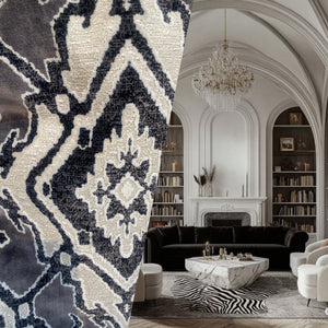 King Chantrel Designer Medallion Damask Velvet Fabric Upholstery-Dark Grey, Black and White - Fancy Styles Fabric Pierre Frey Lee Jofa Brunschwig & Fils