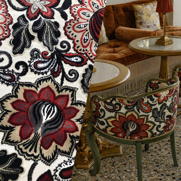 NEW Queen Lyra Novelty Belgium Burnout Chenille Velvet Fabric Upholstery- Red Floral - Fancy Styles Fabric Pierre Frey Lee Jofa Brunschwig & Fils