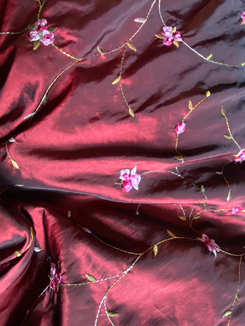 App Sale: Duchess Sweden Embroidered Floral “Faux Silk” Fabric Red