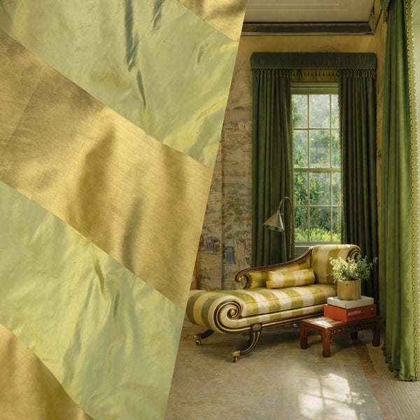 NEW Duchess Zoey Designer 100% Silk Taffeta and Satin 8” Stripes Fabric - Leaf Green & Gold BTY - Fancy Styles Fabric Pierre Frey Lee Jofa Brunschwig & Fils