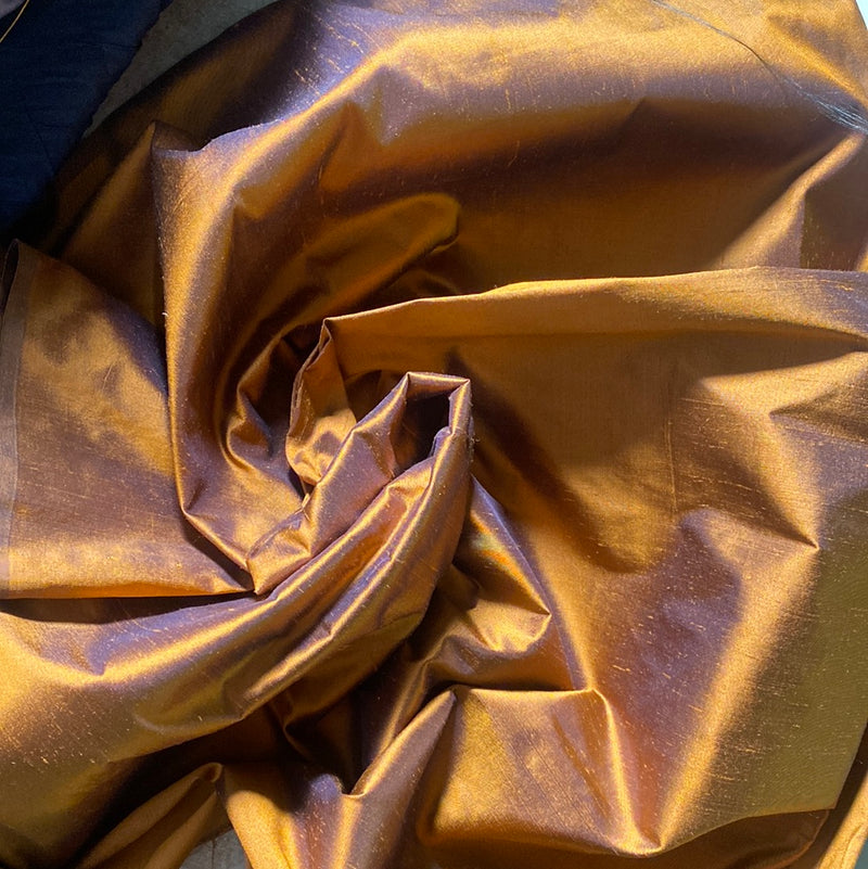 Live Deal: Duchess Mable Designer 100% Silk Dupioni Fabric - Copper and Navy Iridescence