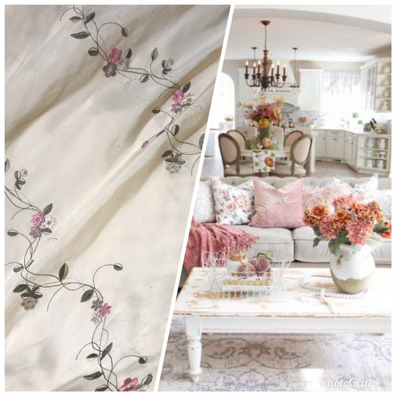 NEW! Duchess Rowena 100% Silk Dupioni Embroidery Floral Fabric- Light Beige & Pink - Fancy Styles Fabric Pierre Frey Lee Jofa Brunschwig & Fils
