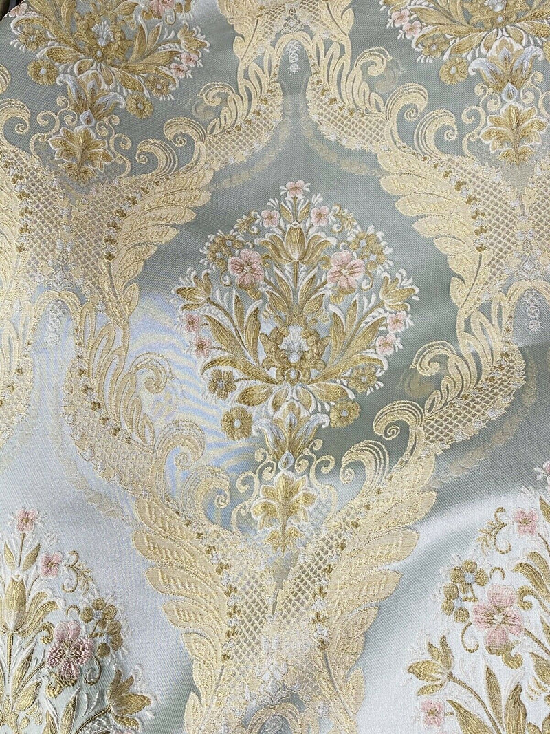 NEW Queen Antionette Novelty Ritz Neoclassical Brocade Damask Floral Satin Fabric - Louis Blue - Fancy Styles Fabric Pierre Frey Lee Jofa Brunschwig & Fils