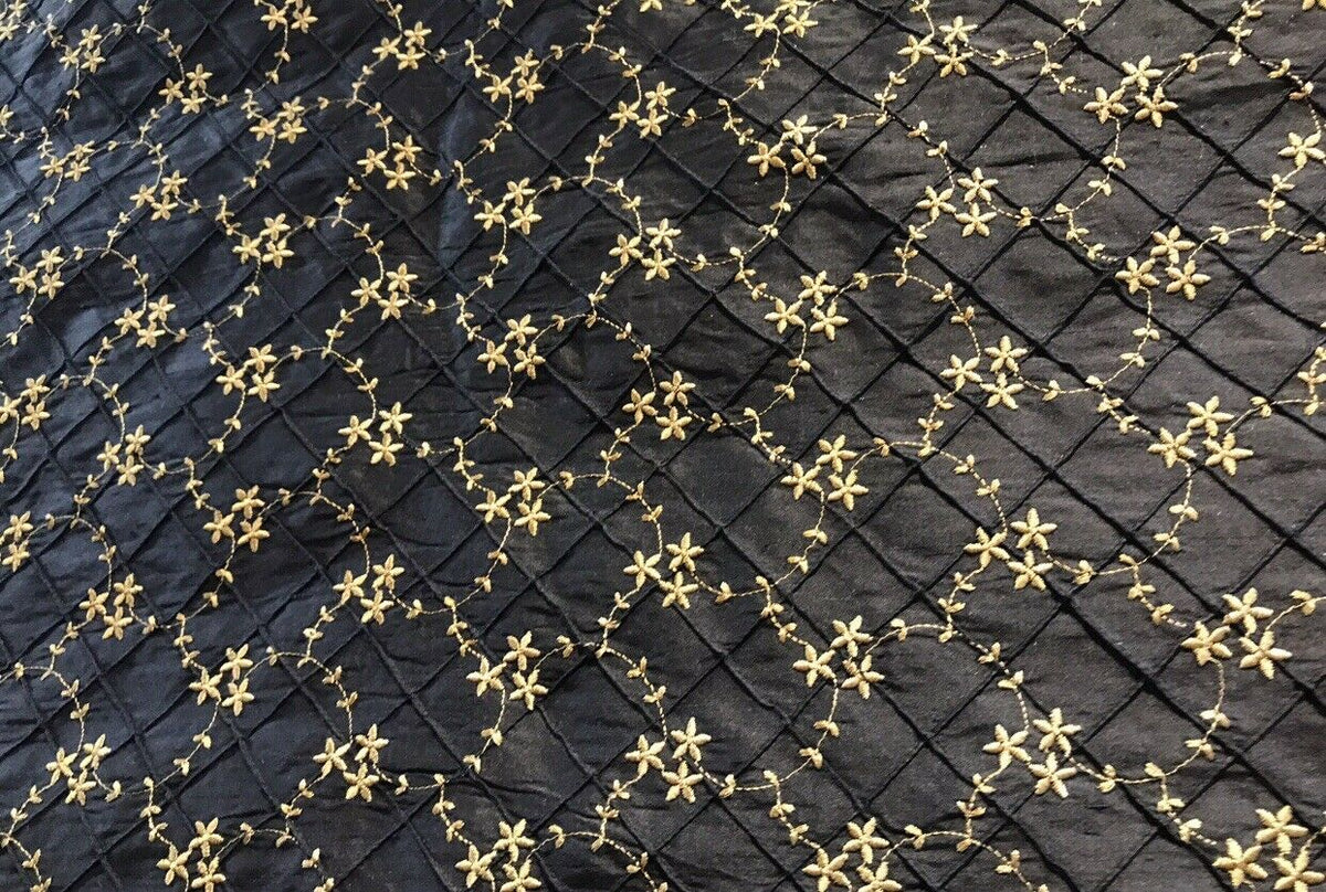 DEAL! Queen Elizabeth 100% Silk Dupioni Embroidered Quilted Floral Fabric- Black Gold - Fancy Styles Fabric Pierre Frey Lee Jofa Brunschwig & Fils