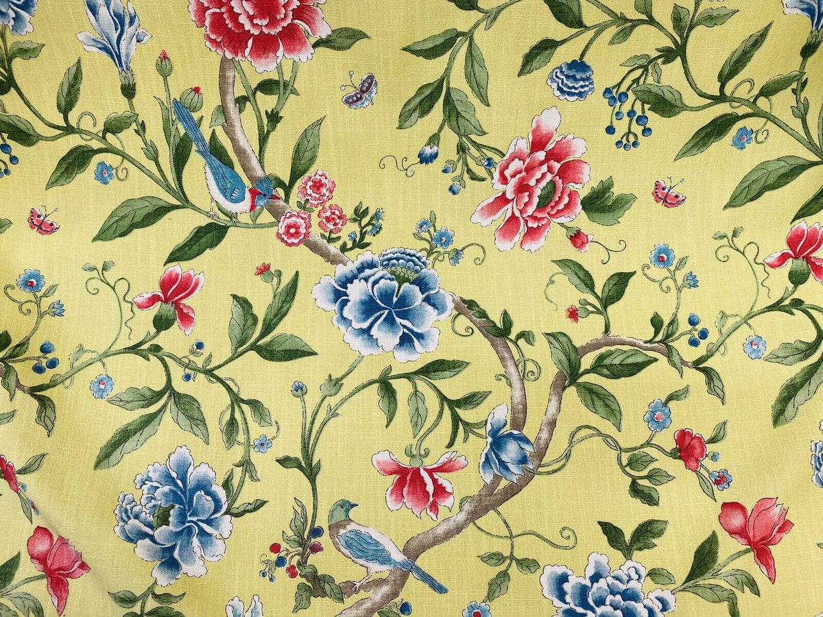 NEW! Miss Jamie Designer Floral & Bird Motif Drapery Upholstery Fabric- French Yellow - Fancy Styles Fabric Pierre Frey Lee Jofa Brunschwig & Fils