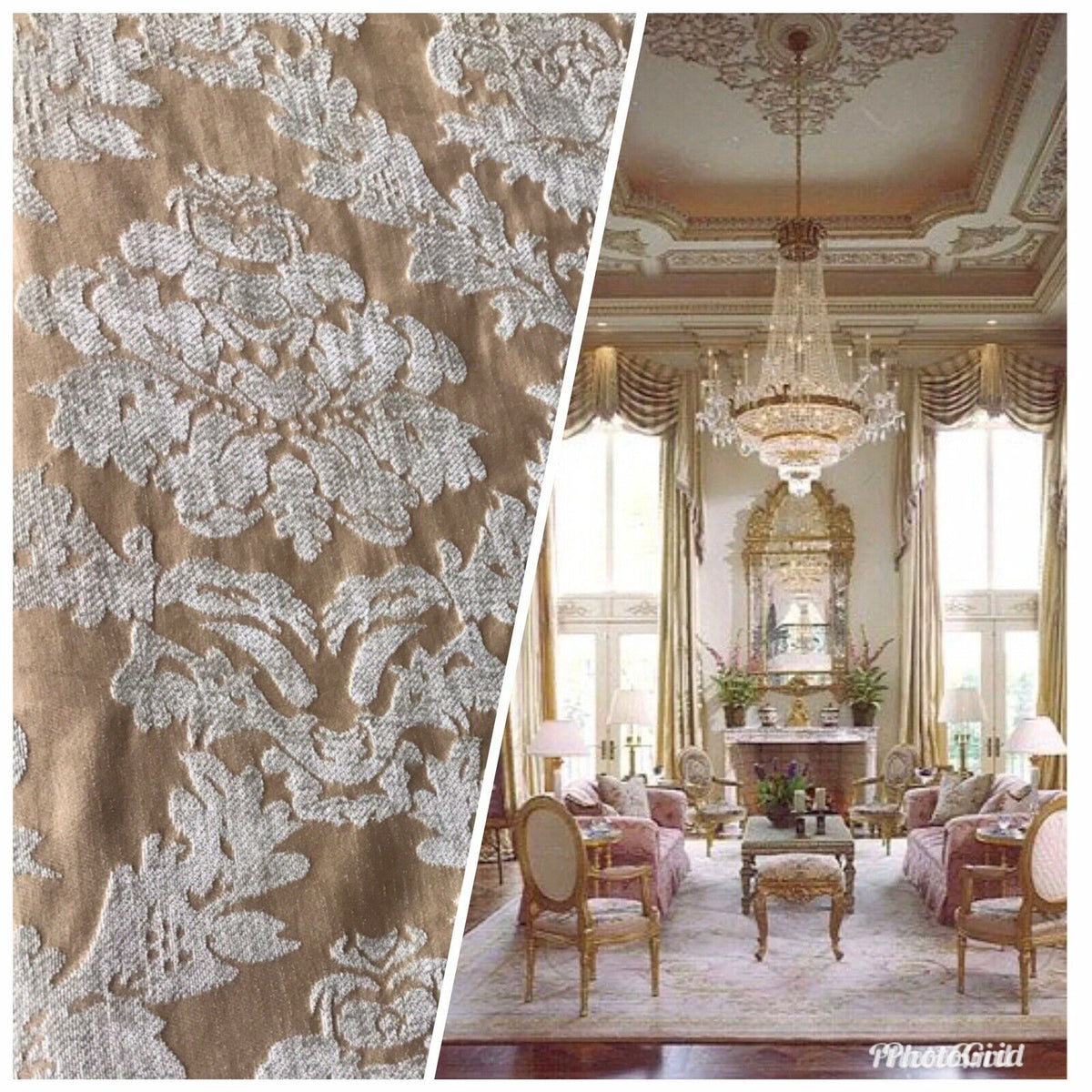 Lady Janet Designer Damask Burnout Chenille Velvet Fabric - Aqua-Gray Beige - Fancy Styles Fabric Pierre Frey Lee Jofa Brunschwig & Fils
