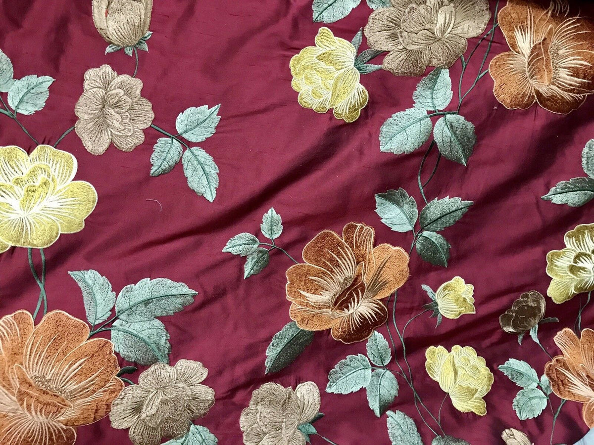 Back in Stock!  Duchess Seraphina 100% Silk Taffeta Embroidery Floral Fabric- Dark Red - Fancy Styles Fabric Pierre Frey Lee Jofa Brunschwig & Fils